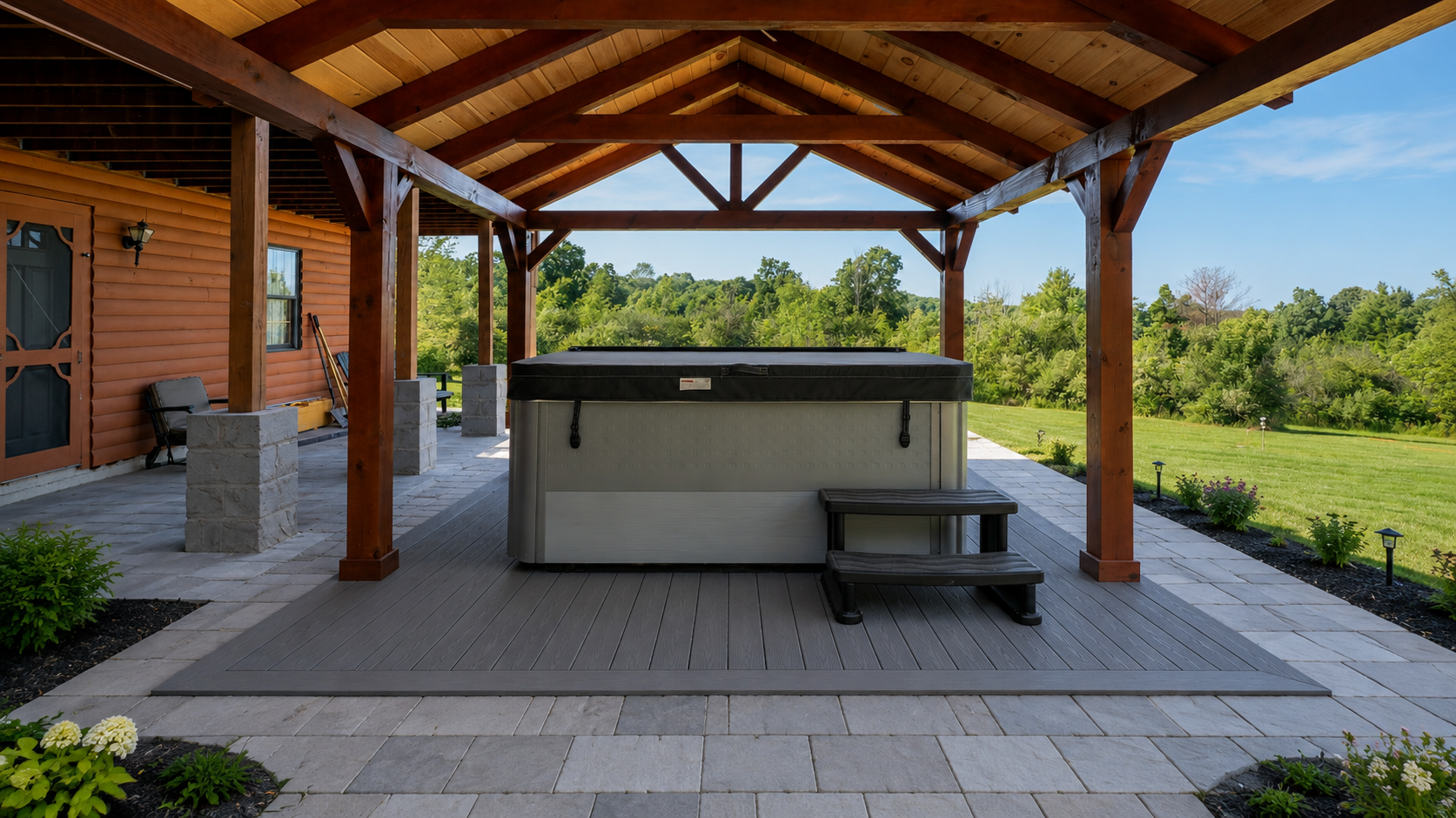 Covered outdoor hot tub beneath timber beams