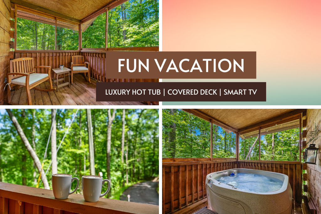 Unwind on the covered deck with a bubbling hot tub, fresh air, and forest vibes.