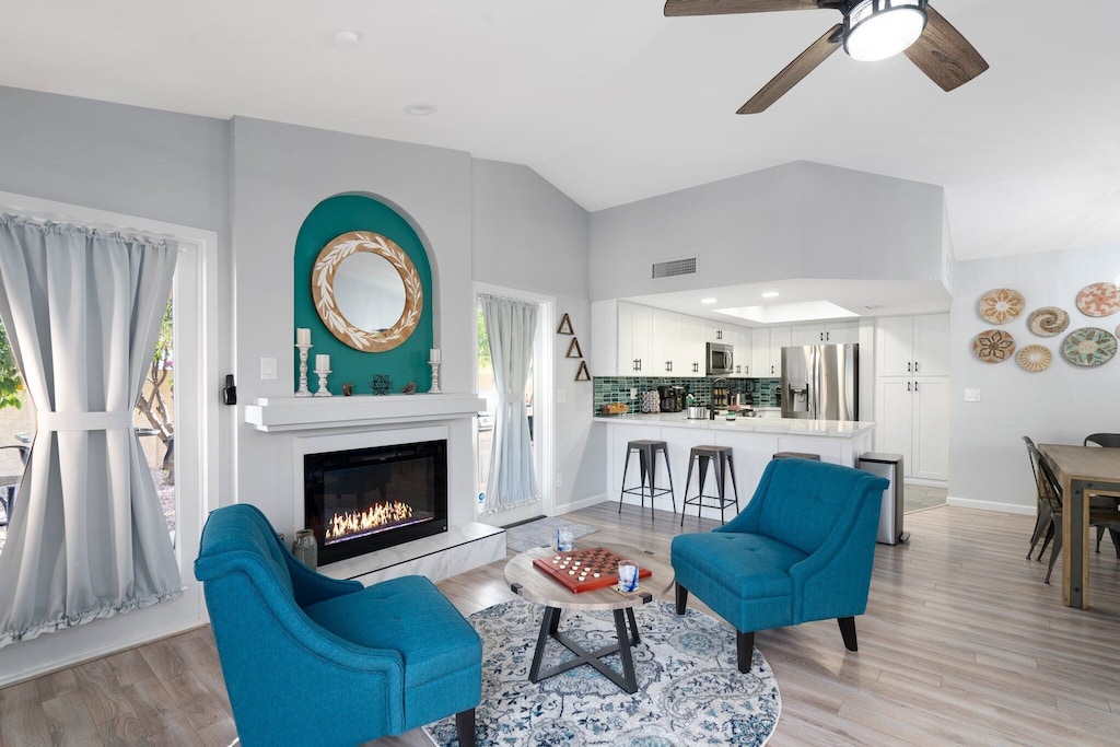 Cozy color-changing electric fireplace for those cold desert nights. 