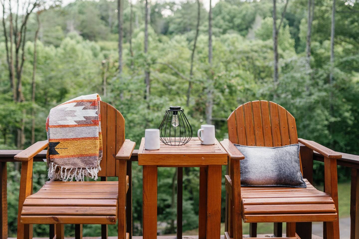 Take a cup of coffee out on our deck with forest and mountain views.