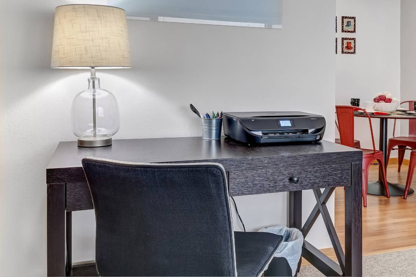 Work in confidence and comfort at the desk and a white board above. Printer has been removed.