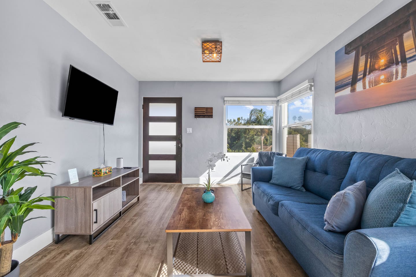 Our cozy living room offers an elegant sofa bed, TV, and beautiful decor, complemented by indoor plants and a view from the window. Relax and enjoy a stylish retreat!
