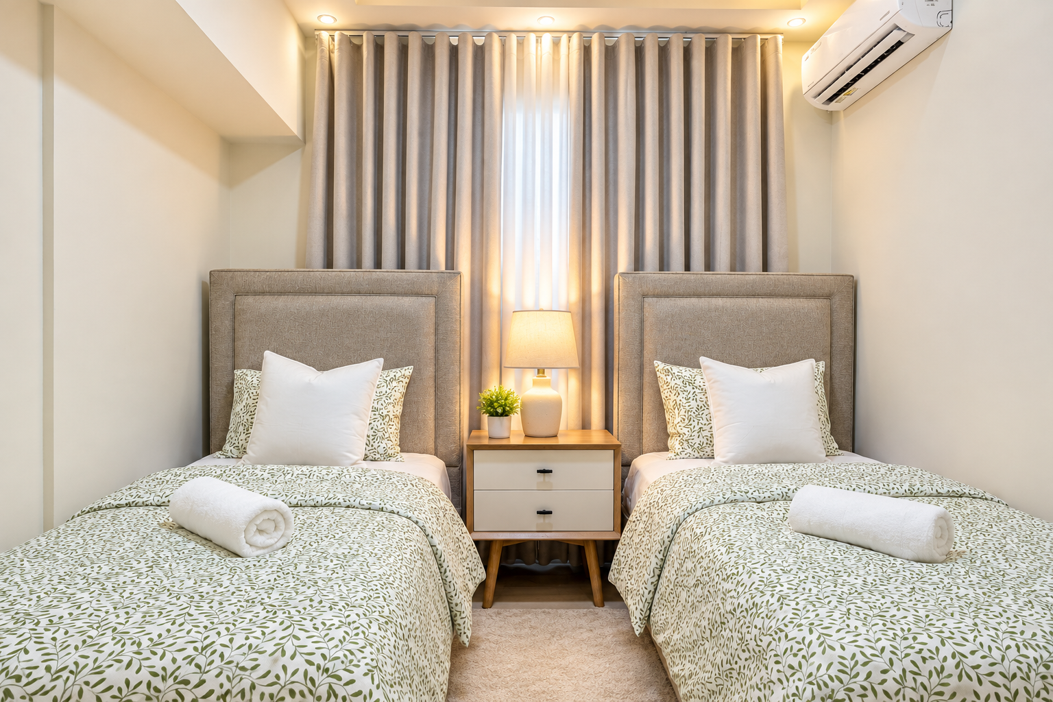 Third bedroom with two twin beds, perfect for kids or friends, plus A/C, ambient lighting, and a closet with built-in drawers for storage. 🛏️🛏️✨