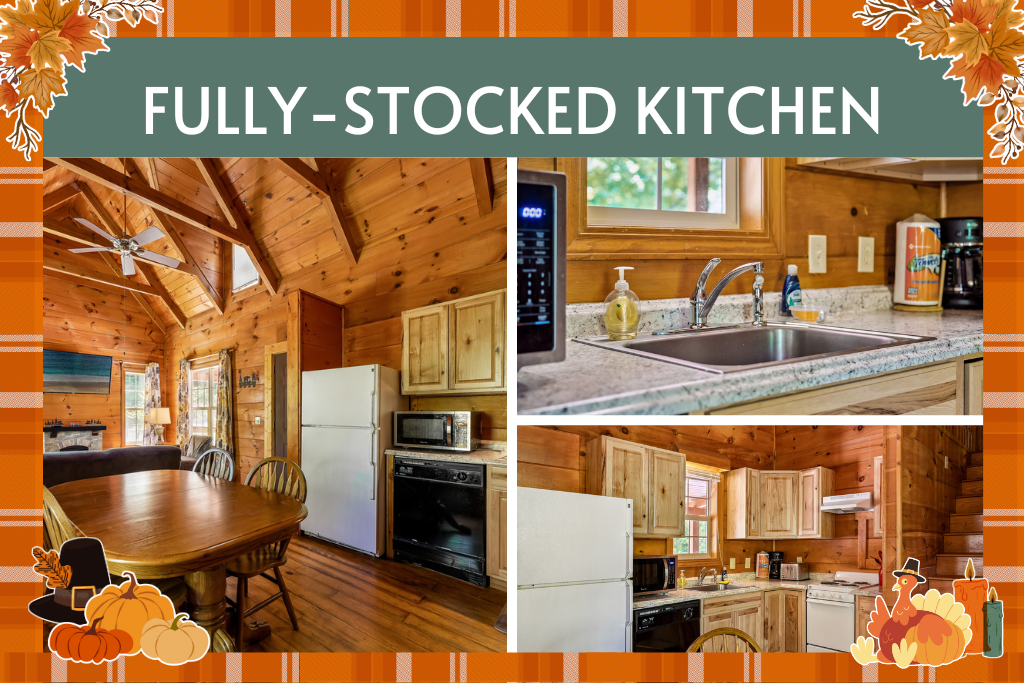 Fully-stocked kitchen with rustic charm—cook, sip, or snack in comfort.