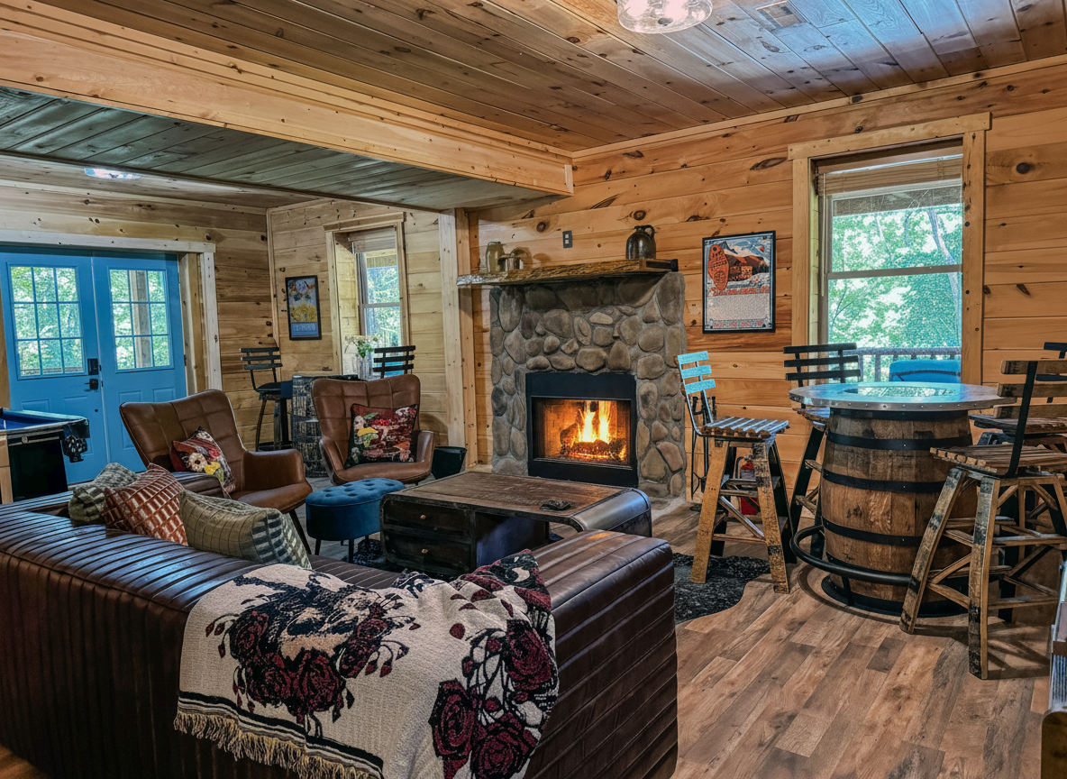 Cozy up by a fire in the game room after a day of exploring Hocking HIlls