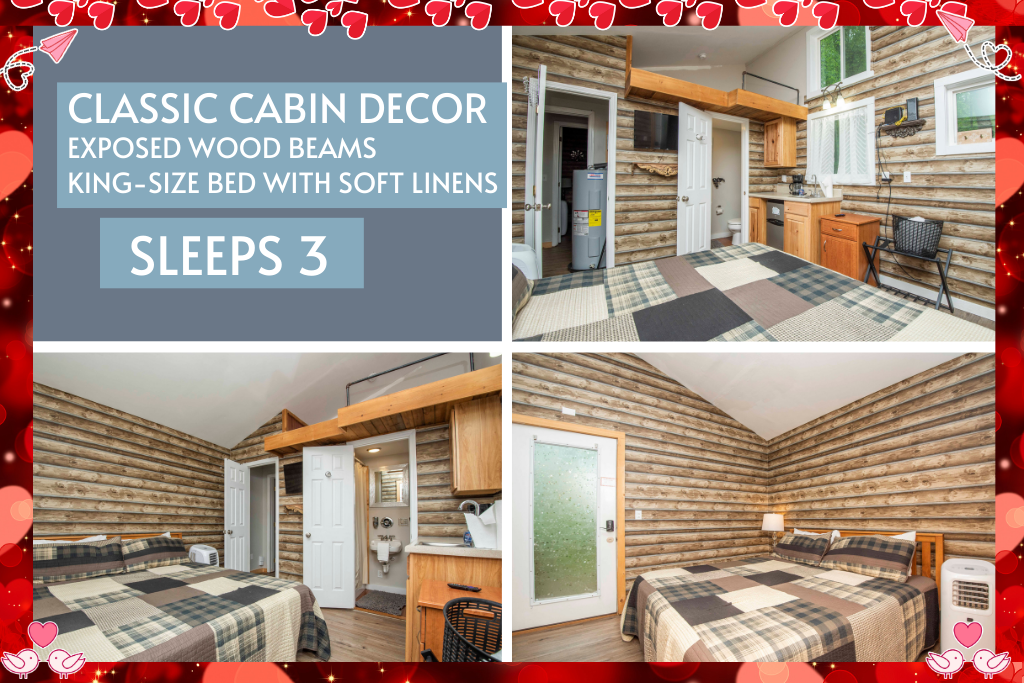Classic cabin comfort with wood beams and space to sleep 3