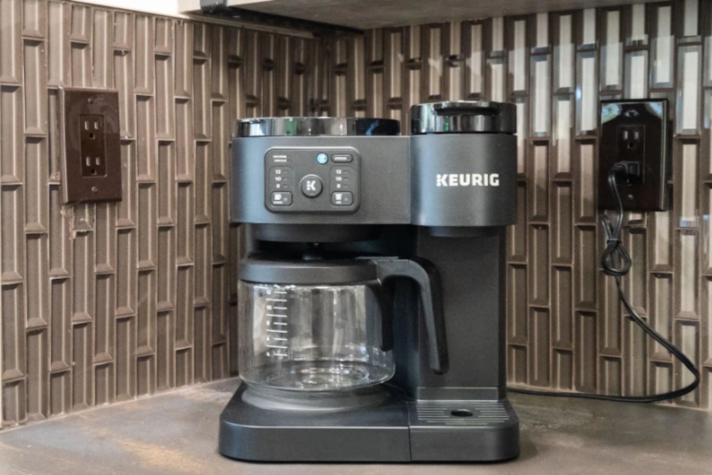 Mornings start easy with a built-in Keurig, so the first cup of coffee is never far away.
