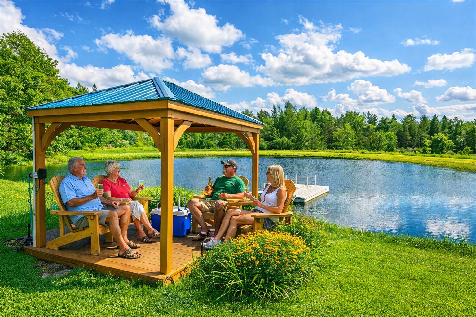 Gather with friends and family beneath a rustic pavilion by the pond, complete with classic Adirondack chairs and picture-perfect views.