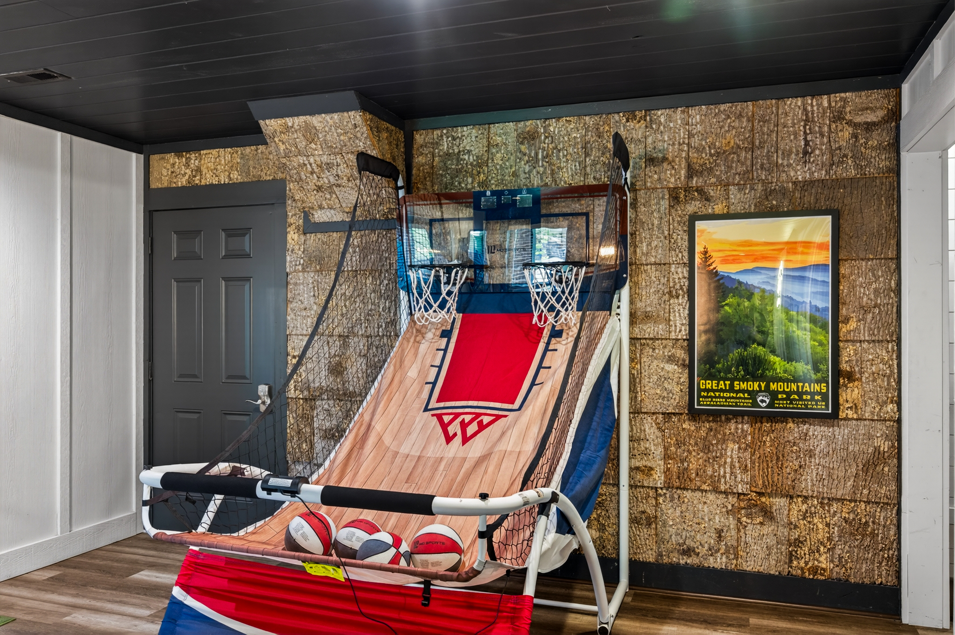 Basketball game in downstairs game room.