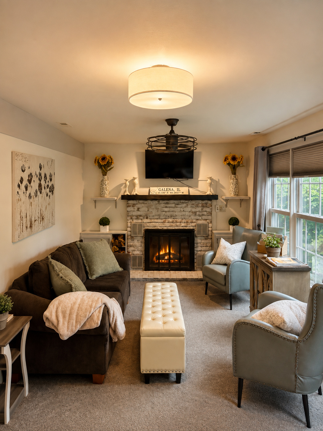 Cozy living room with wooded view