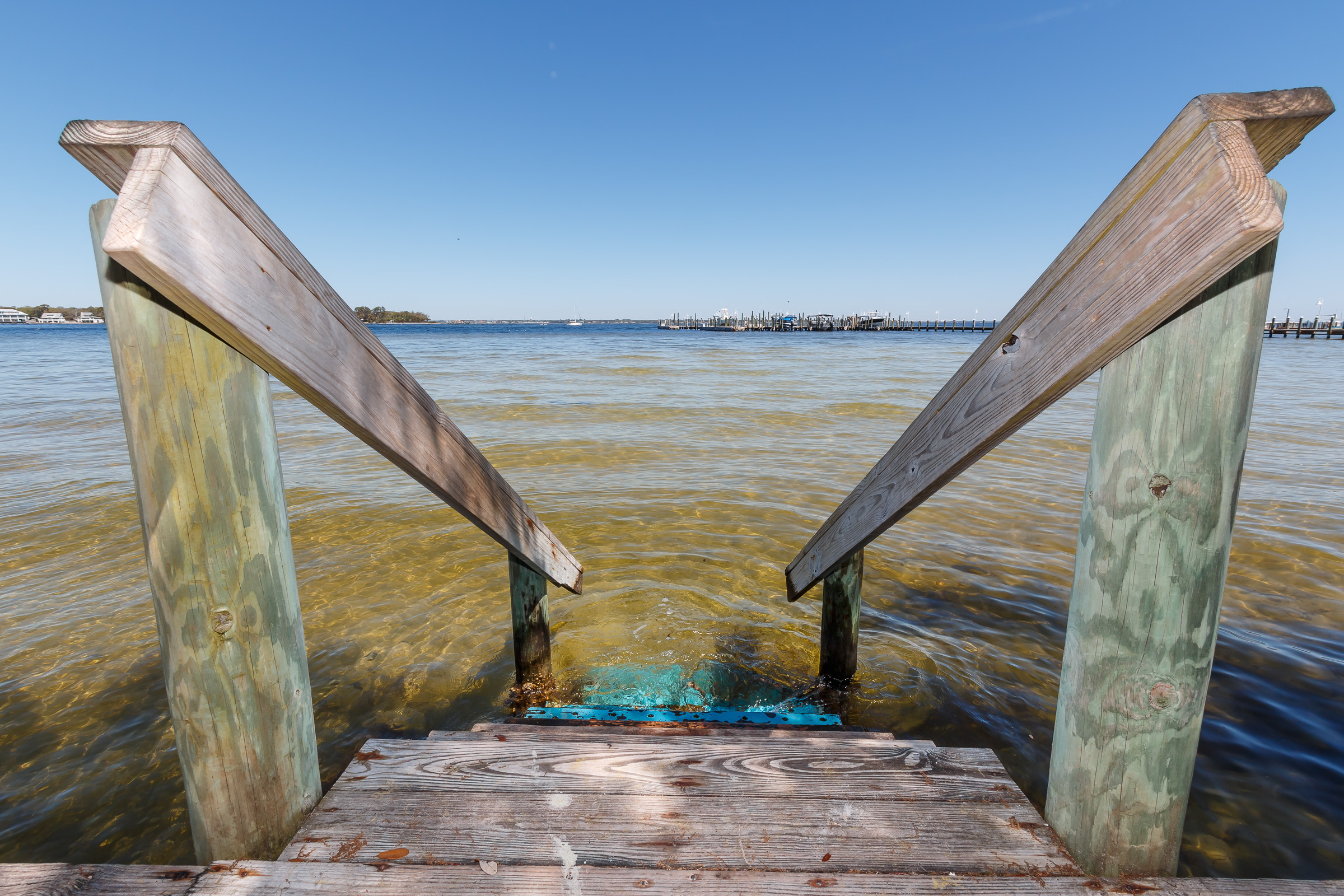 Stairs, walking directly into the bay