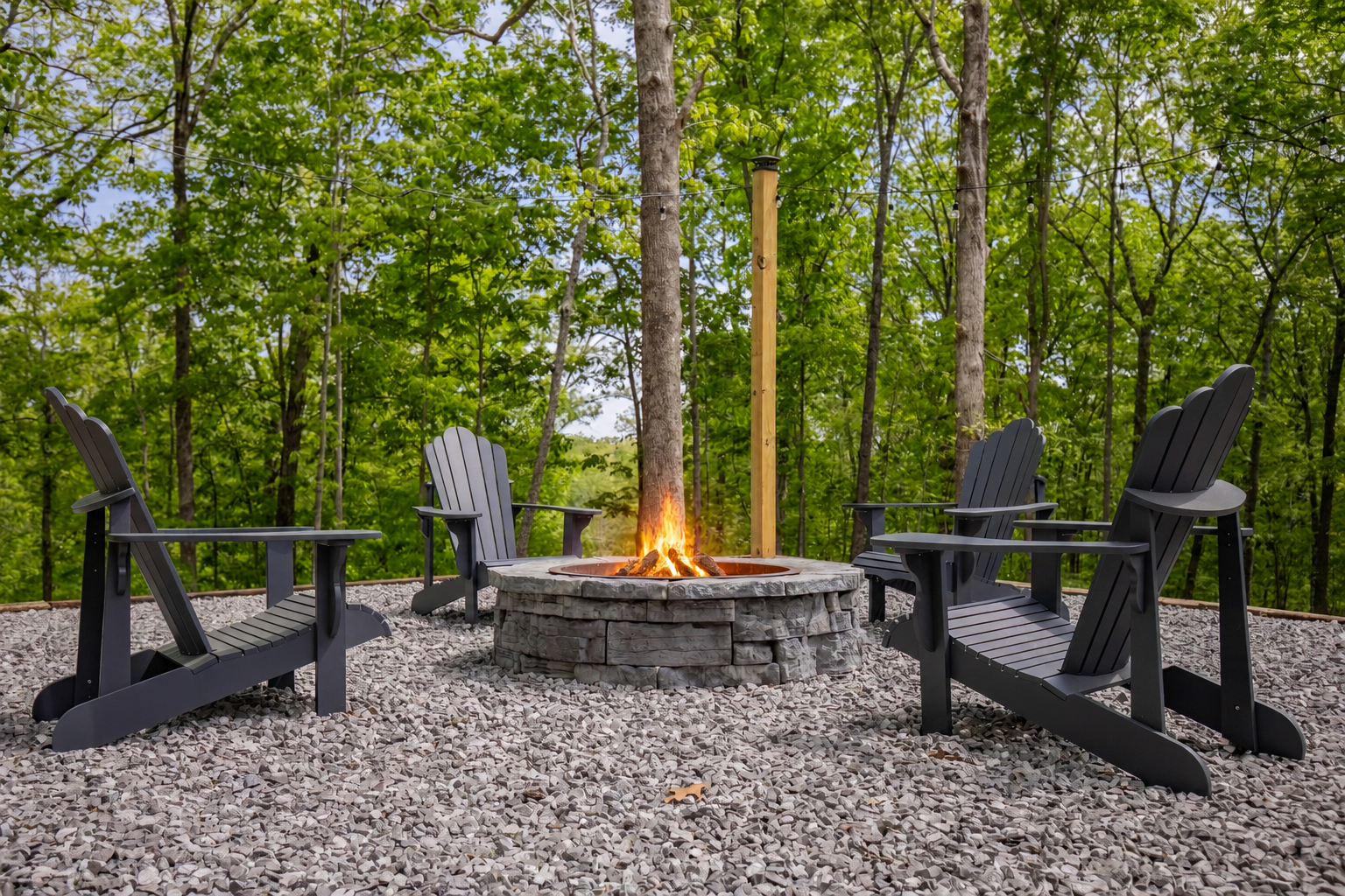 Outdoor seating surrounded by trees — a peaceful spot for morning coffee