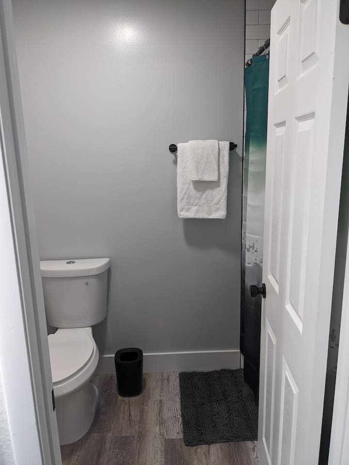 Master bathroom shower and toilet room with locking door, attached to master bedroom