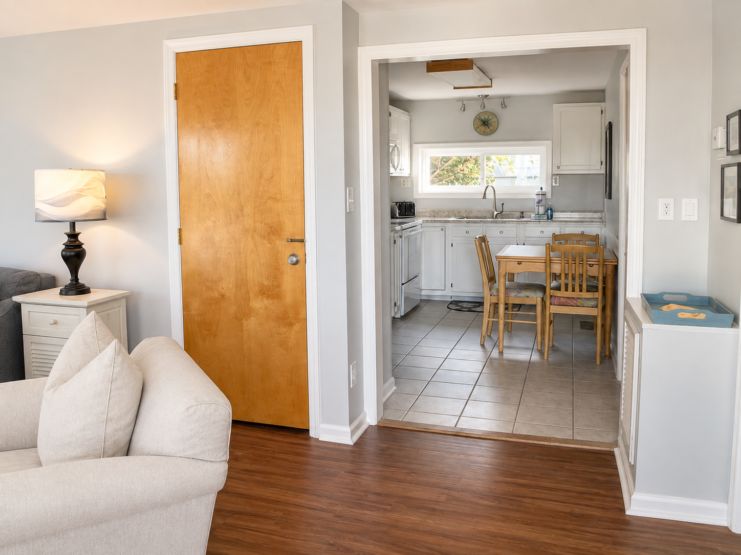 From the front entry - bedroom 1 to the right, living to the left. Kitchen ahead