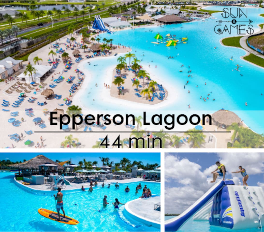 Epperson Lagoon with 7.5-acre man-made lake and beach featuring clean, clear, purified water, known as the first crystalline lagoon in the US. Featuring a swim-up bar, water slide, climbing wall, kayak, paddleboard rentals, stadium-sized LED screen.