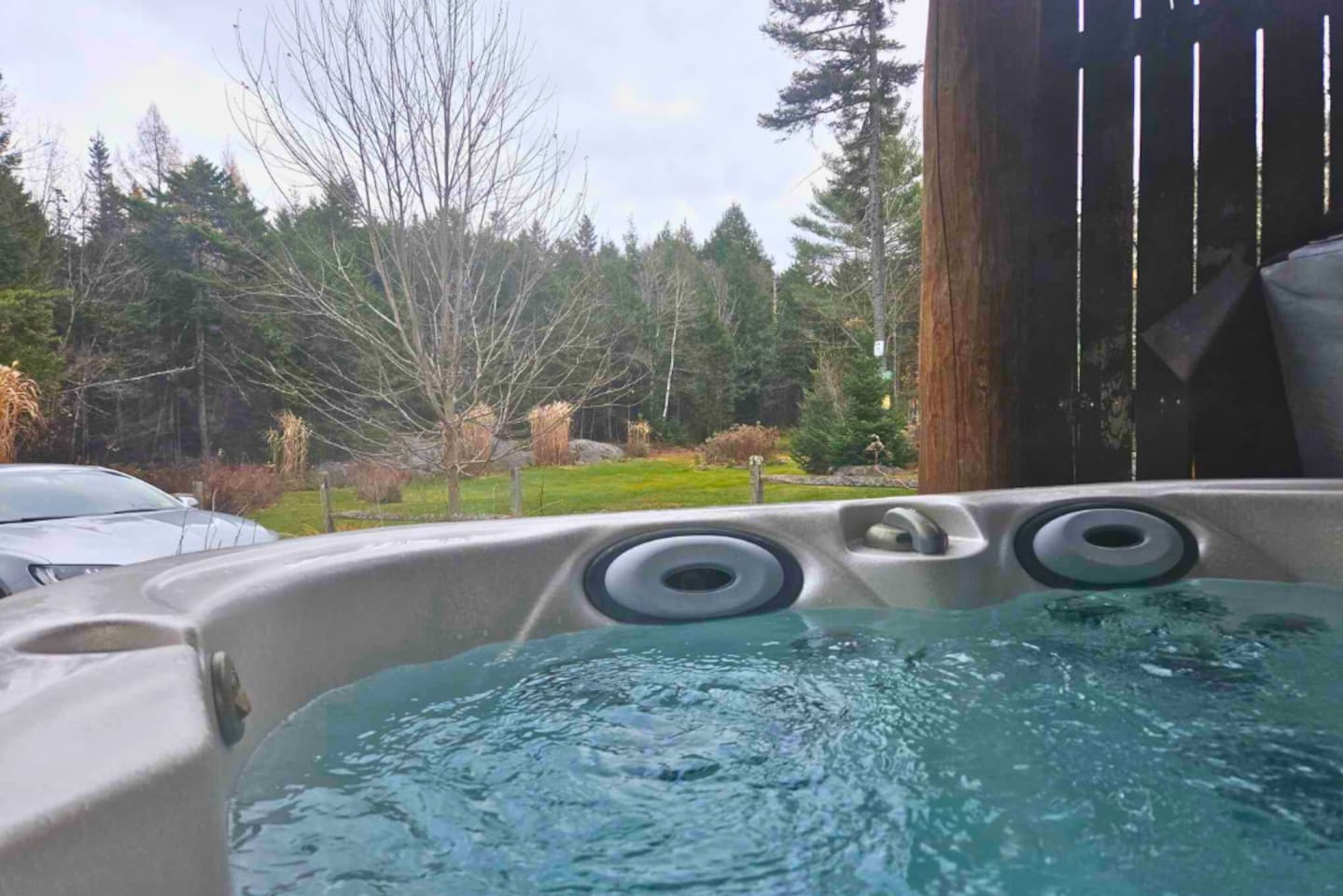 Soak in the amazing hot tub while gazing upon the meadow in front of you! 