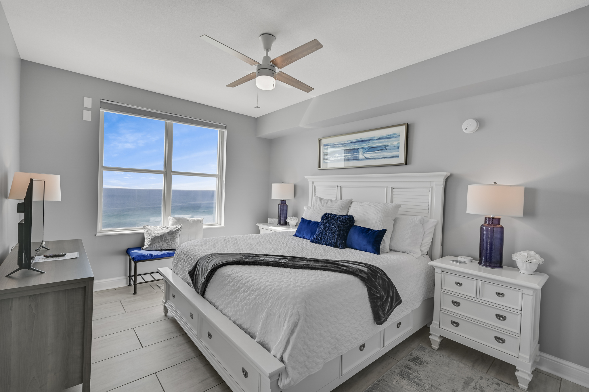 The master bedroom has GULF VIEWS, balcony access, Smart TV, and large bathroom with dual vanity, stand up shower, and soaker tub.