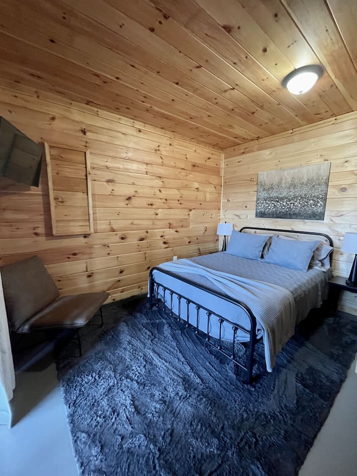 Basement bedroom has a queen bed and steps out to the lower patio with a bench swing and infrared sauna!