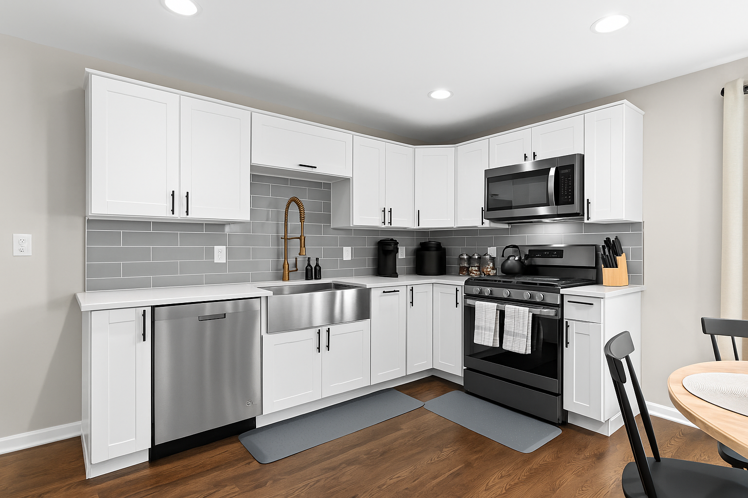 Fully equipped modern kitchen with stainless steel appliances, farmhouse sink, and sleek finishes—ready for home-cooked meals or quick bites.