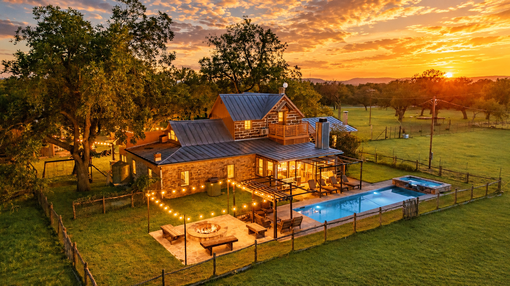 Five-bedroom farmhouse, pool, fire pit, game barn. All yours.