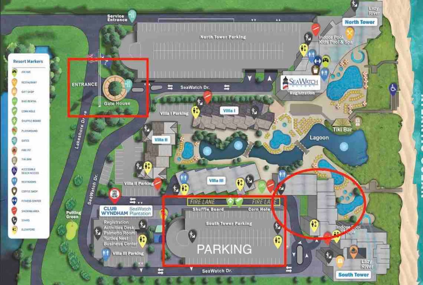 Overhead map of resort. Circled in red is entrance, parking garage, and building where condo is located (South Tower). 