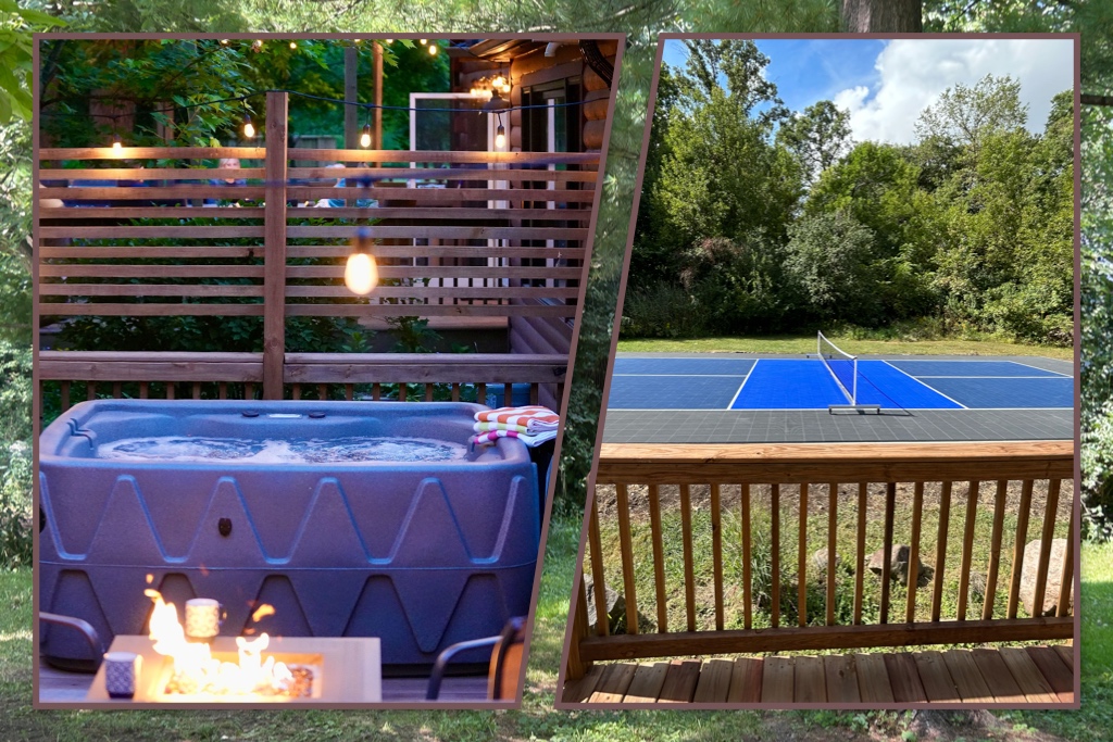 Relax in the hot tub after playing pickleball. The pickleball has a Sport Court surface.
