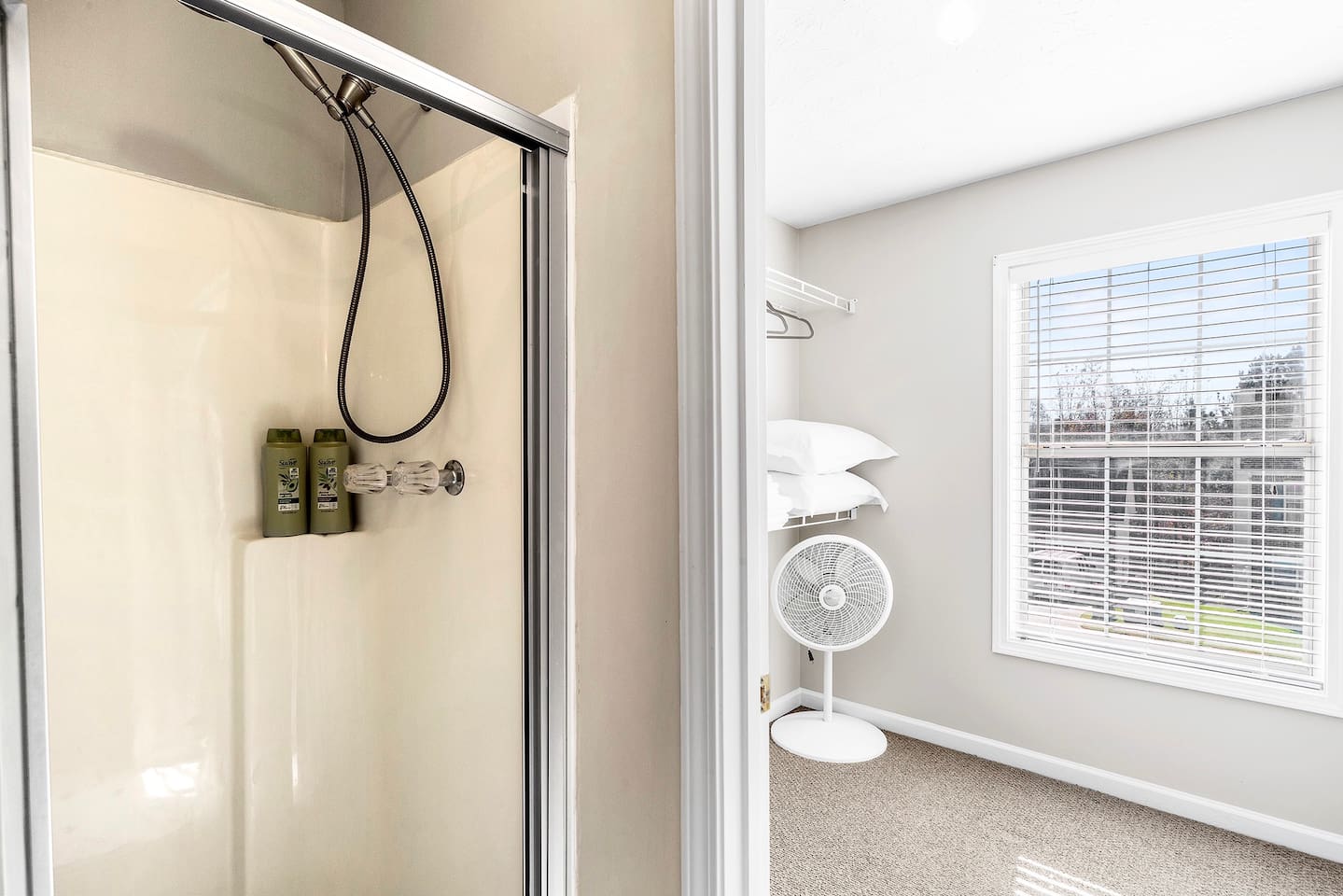 Standing shower is  available. Toilet is located right across from the shower.