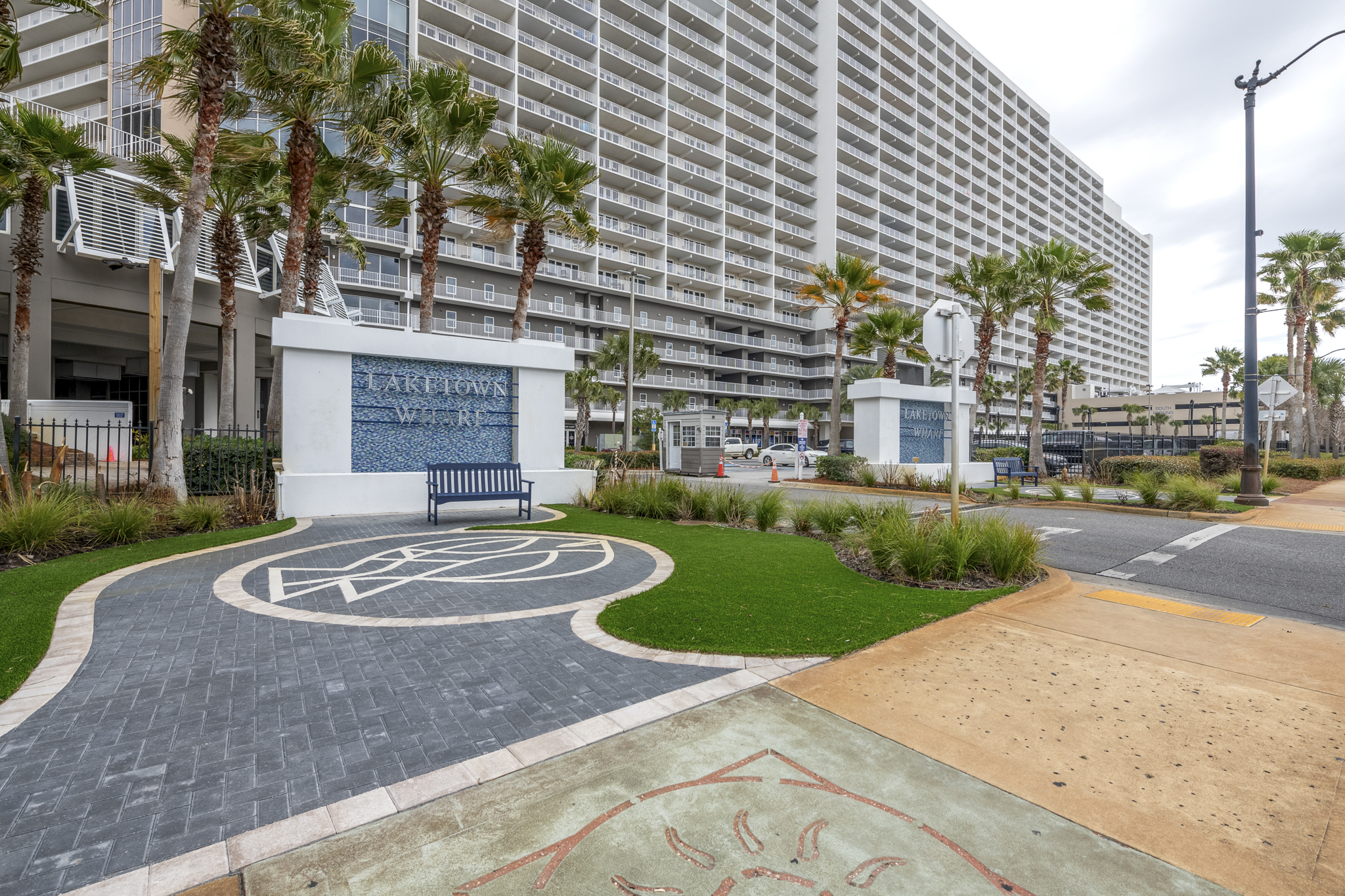 Front entrance where you talk to security and show your reservation.  We have a secure property with regular patrols 24 hours a day.