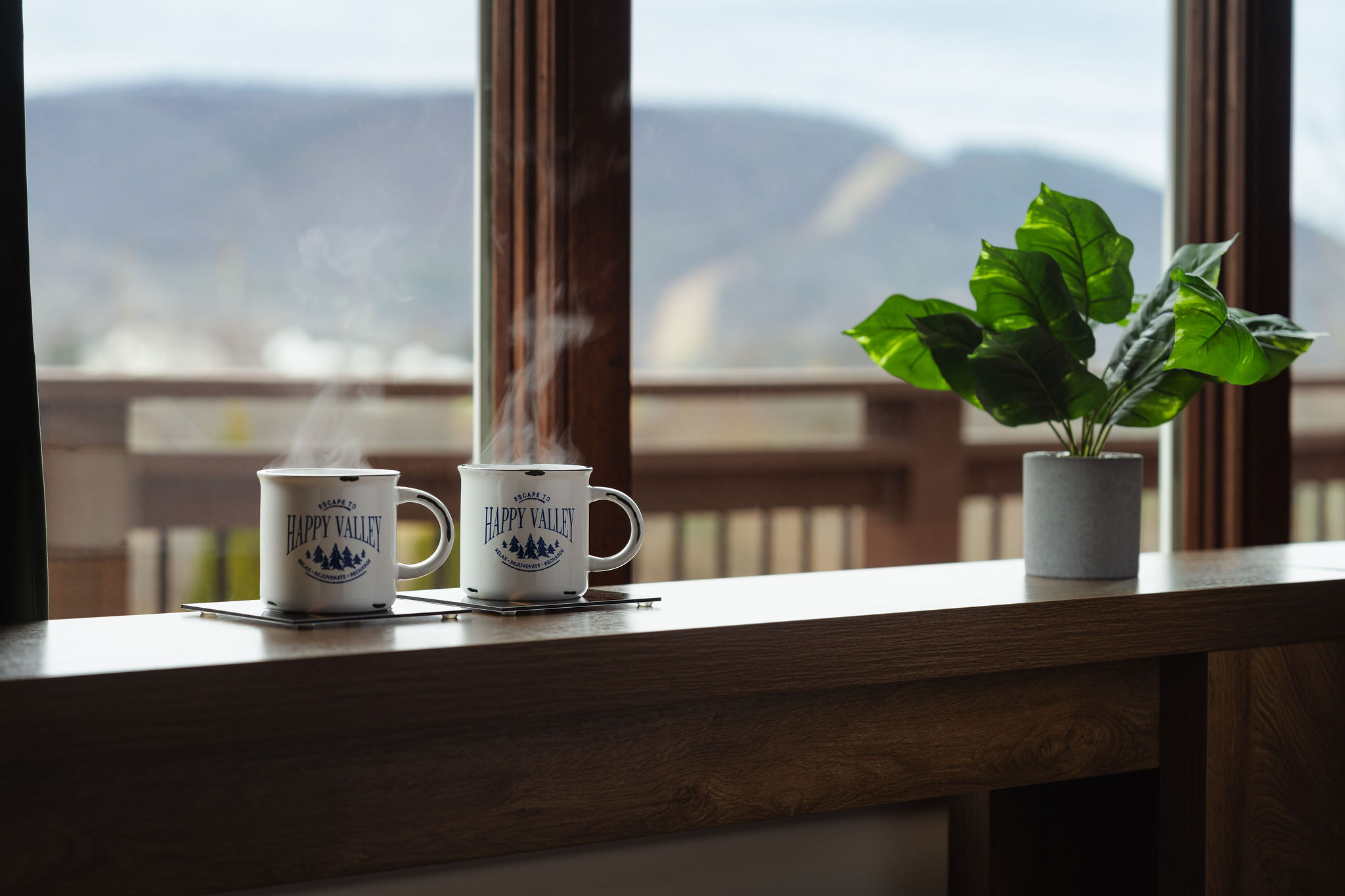 Start your day with coffee and mountain views from the windows — peaceful mornings before the excitement begins.