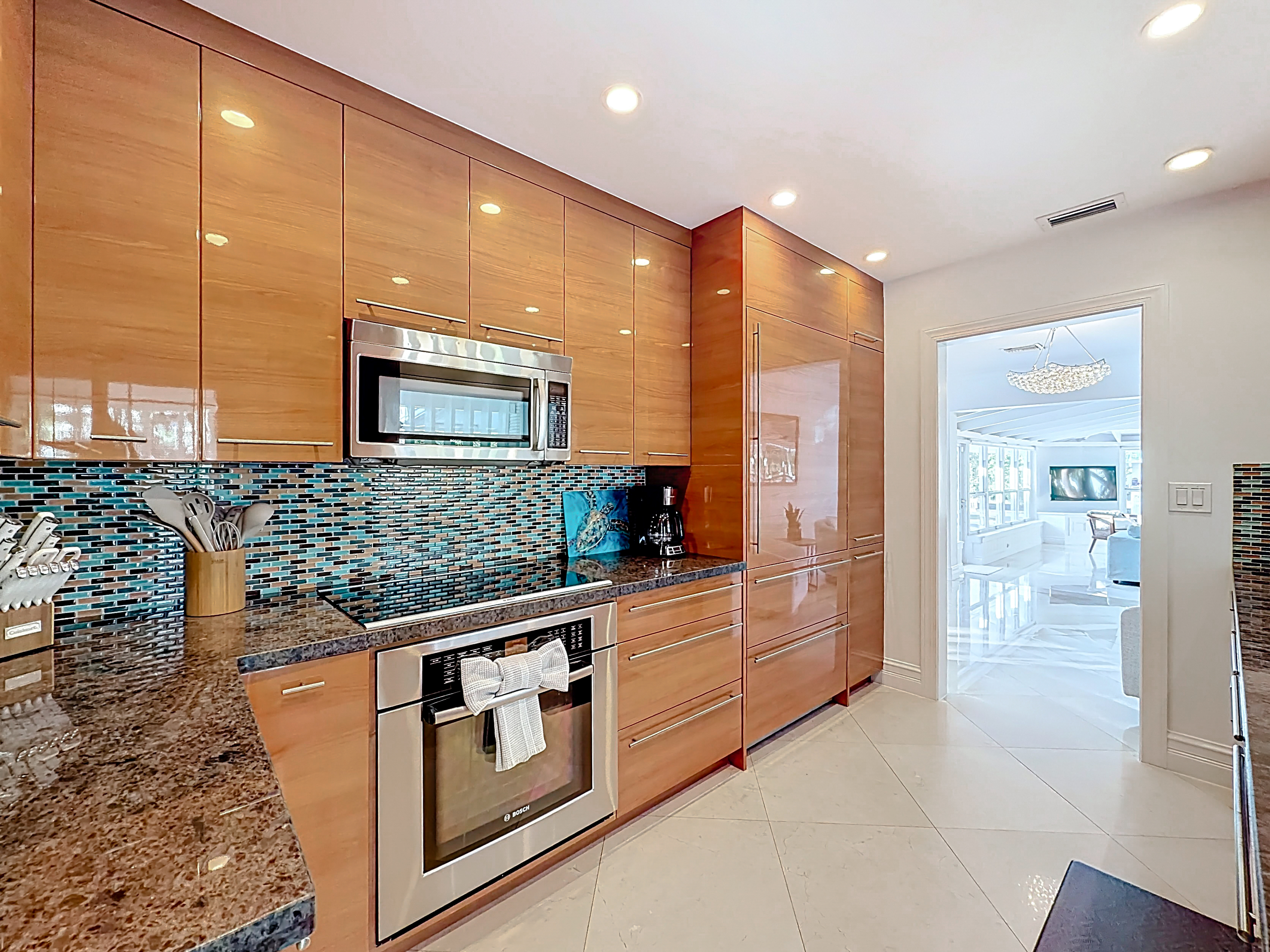 There is lots of counter space and cupboards. 