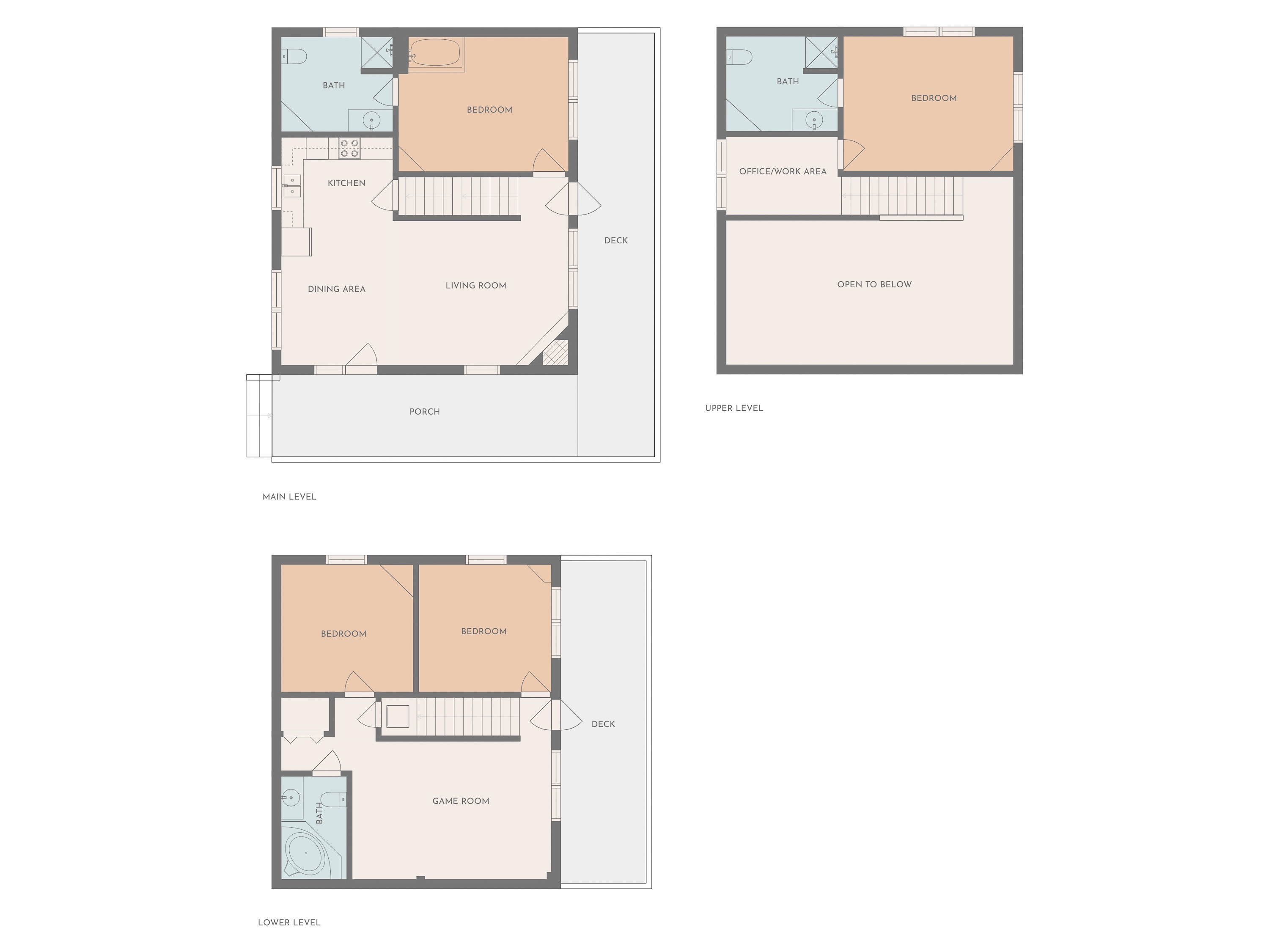 All three floors of Yellow Birch Cabin.