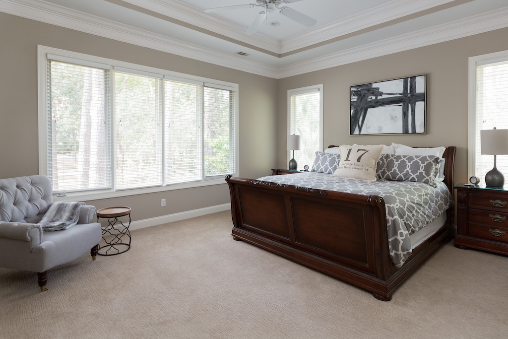 Master bedroom features a king bed and premium bed linens; HD TV as well