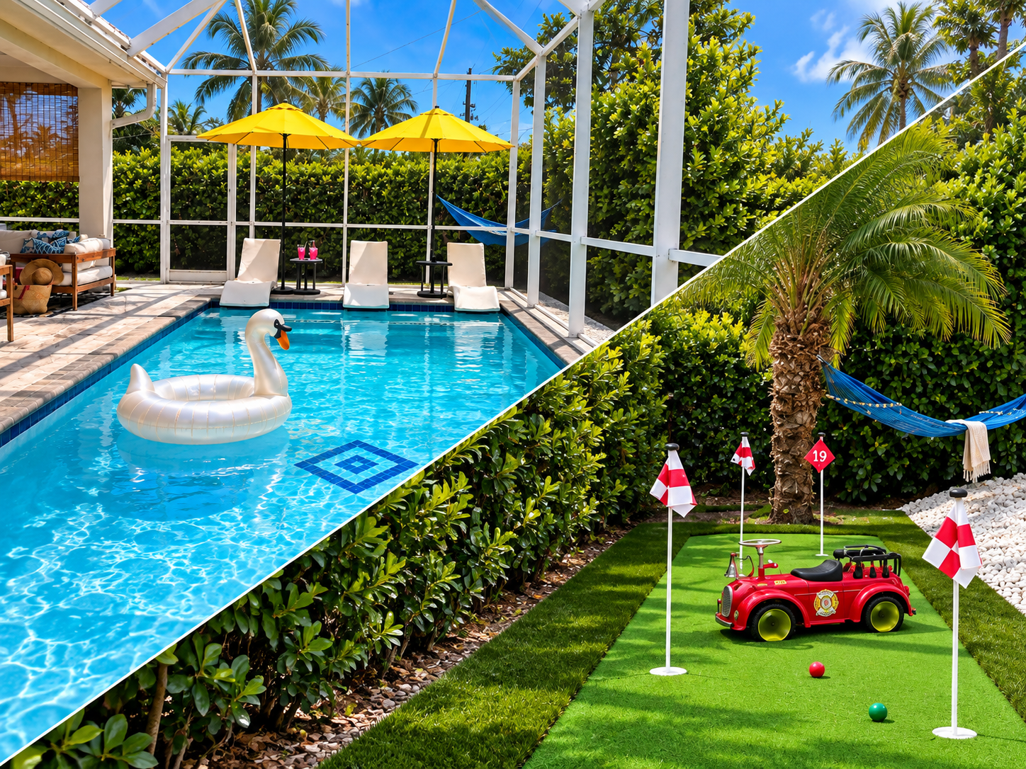 Welcome to your private Naples resort. Bask in the Florida sunshine by your large, southern-facing heated pool completely enclosed for your comfort. Unwind in the poolside hammock, or challenge the group to a game on your private 4-hole mini-putt course. ☀