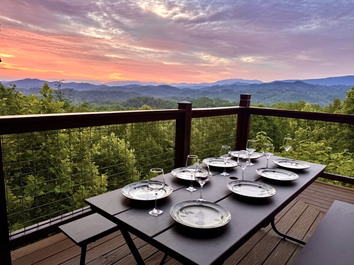 Family meals are unforgettable on the Heartbreaker Cabin’s Mountain View deck overlooking the Great Smoky Mountains!