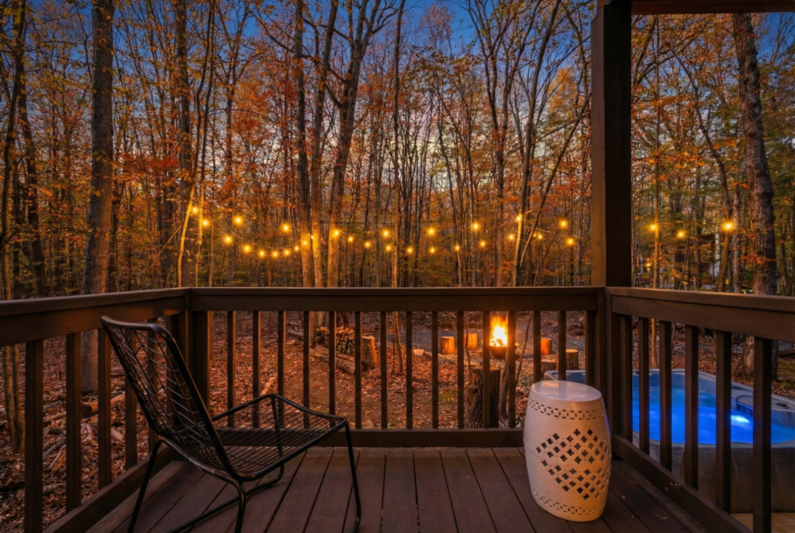 Every bedroom has it's own private deck or screened porch with a view of the woods and firepit