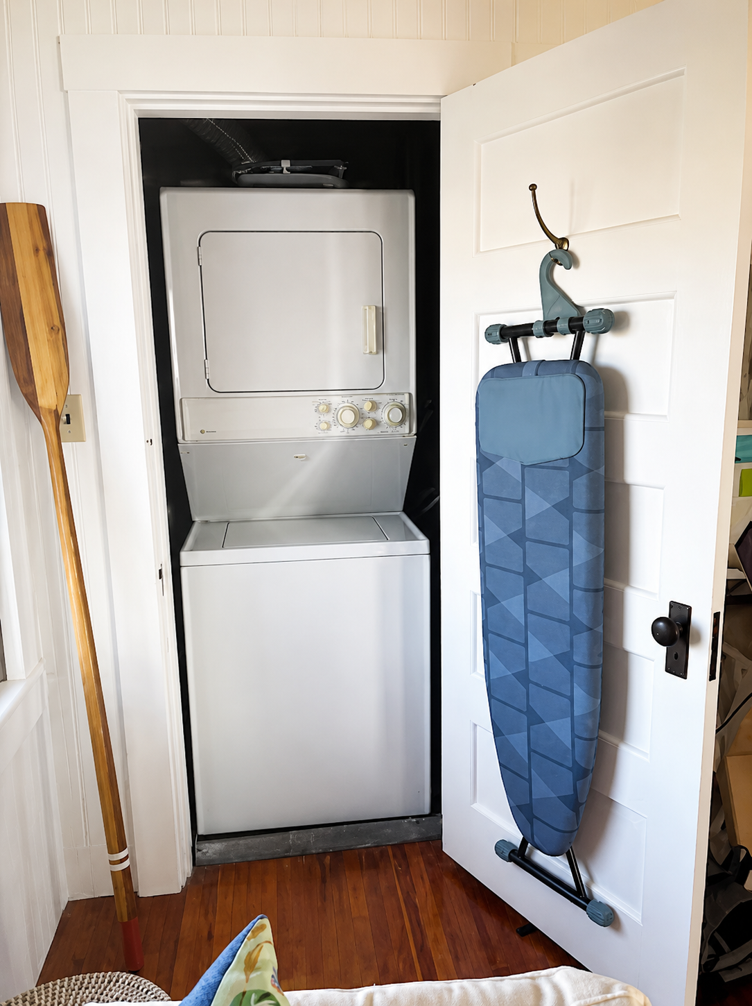 Our washer, iron and ironing board are inside this first bedroom!