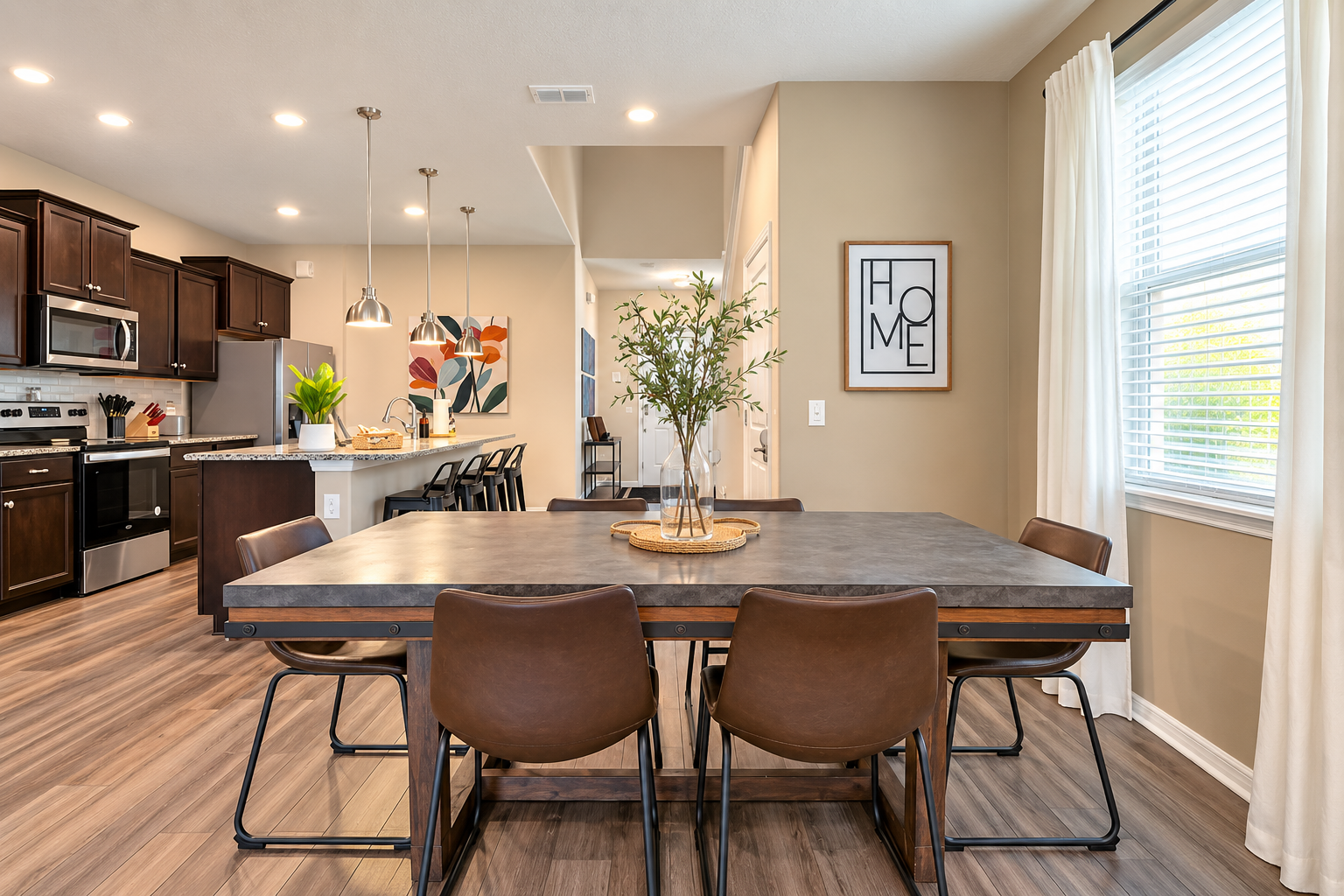 Between the dining room table, the eat-in kitchen counter, and our outside dining patio set, there is plenty of space for everyone to eat.