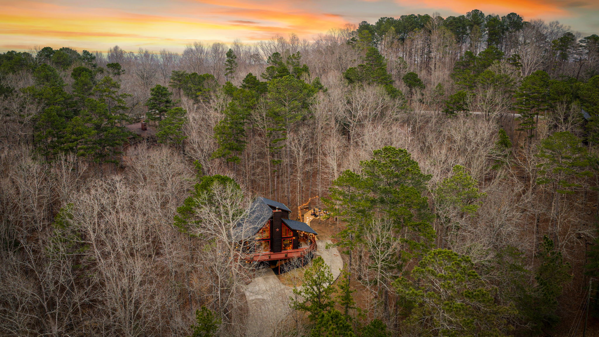 The elevated perspective showcases how beautifully the home is nestled within nature.