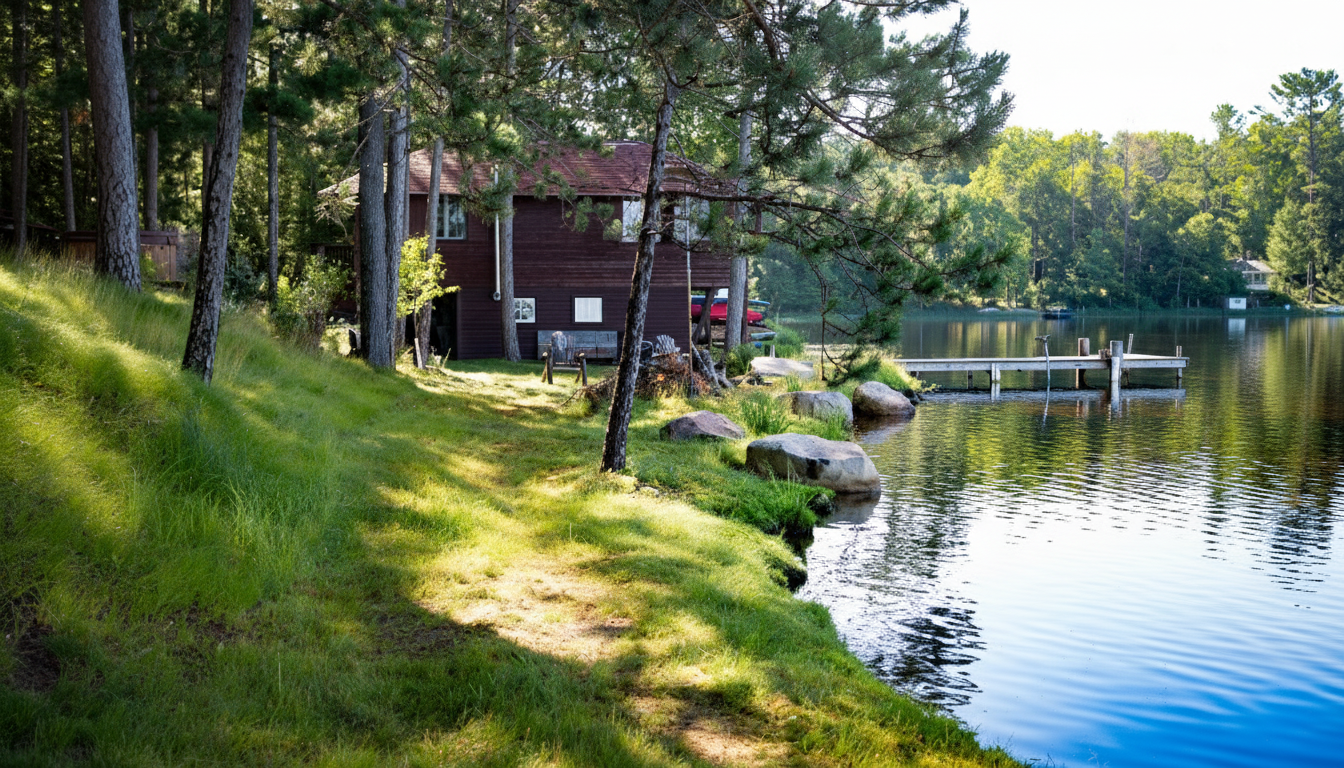 Boat house, dock, and grassy lakeside lawn