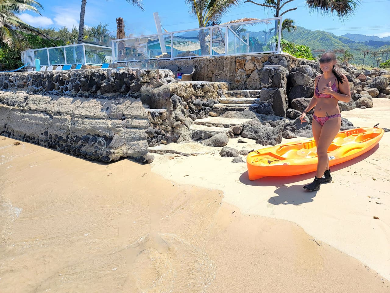 Private steps from the home's private beach leading to a cove and crystal clear waist-deep snorkeling coral reef for kayaking, fishing, snorkeling and swimming