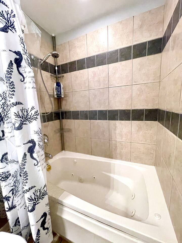 1st Bathroom is between Master Bedroom and 2nd Bedroom and has access to the hallway too. Shower with jetted tub. 