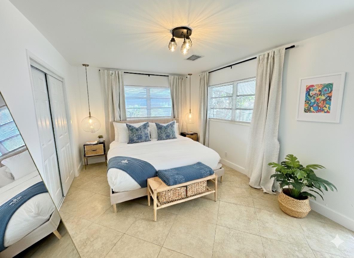 This serene primary bedroom offers a king bed with hotel-quality linens, soft drapes, warm lighting, and calming décor. Enjoy your own Smart TV and ensuite bathroom for added privacy and convenience.