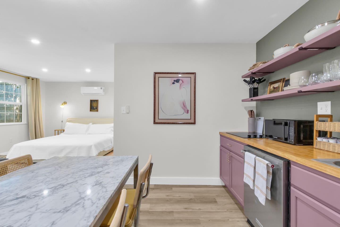 Enjoy the ease of a fully equipped kitchen with modern appliances, Keurig coffee station, and all the essentials for home-style dining.