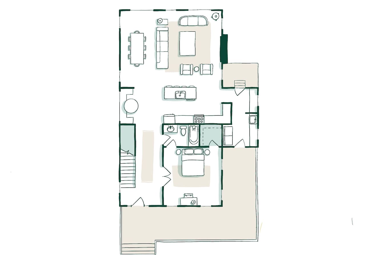 Beautiful open floor plan with lots of natural light and a cozy oversized Floyd couch. The kitchen, breakfast nook & oversized dining table are great for entertaining. The downstairs bedroom has a queen bed, a desk and direct access to a full bath.
