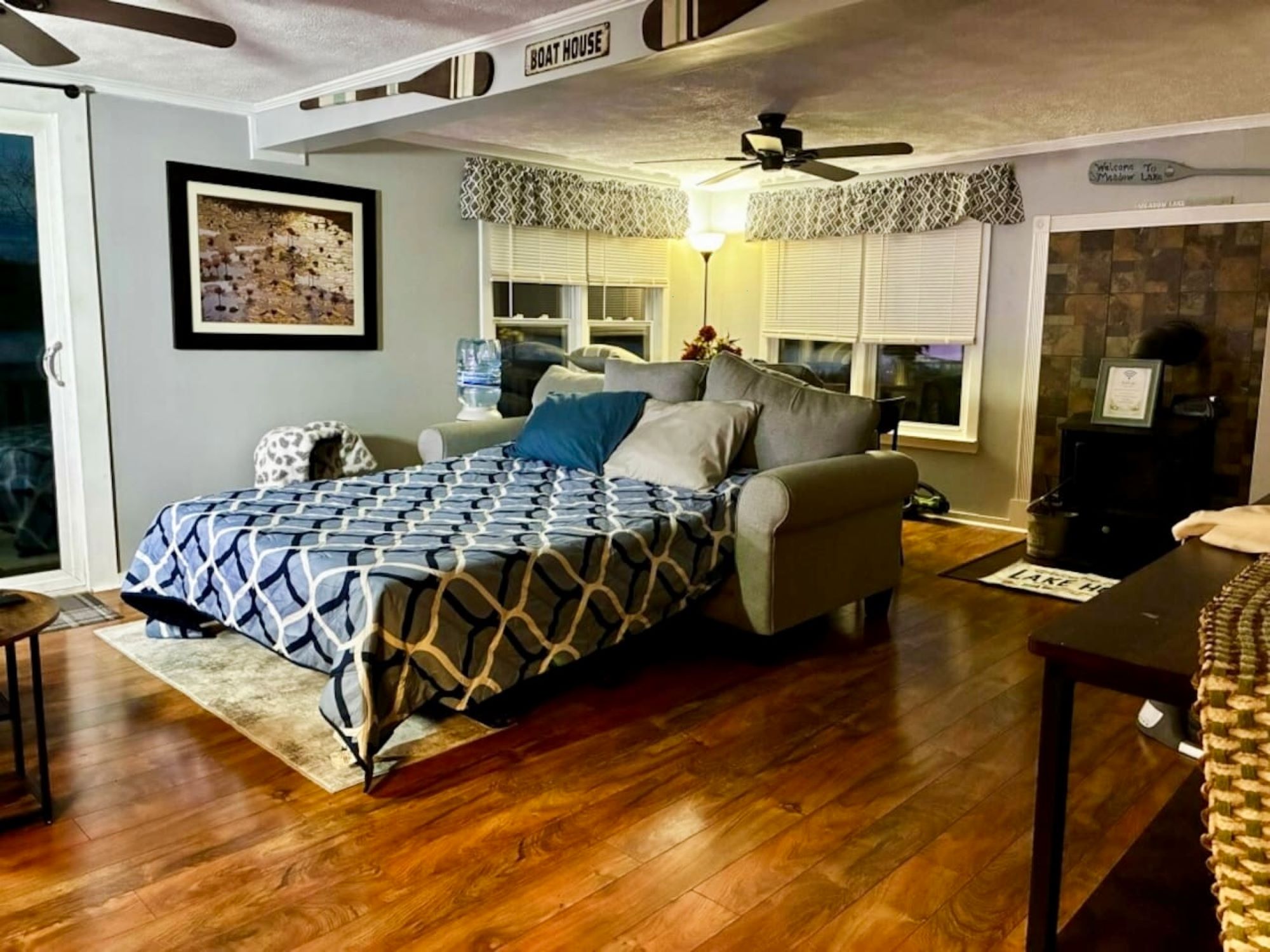 This is the sofa couch. You’ll find the bedding in the living room closet. Easy to make. 