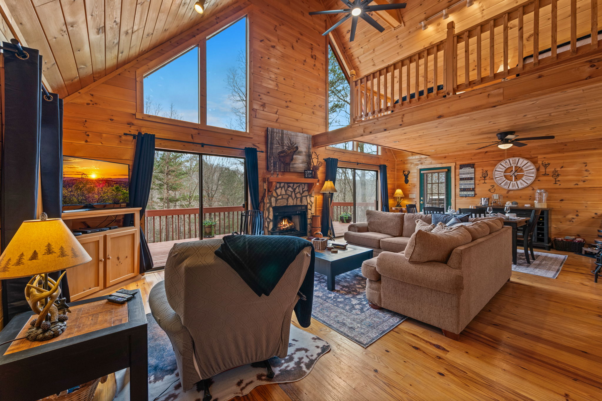 Plush couches provide ample seating, making it perfect for relaxing with family and friends.