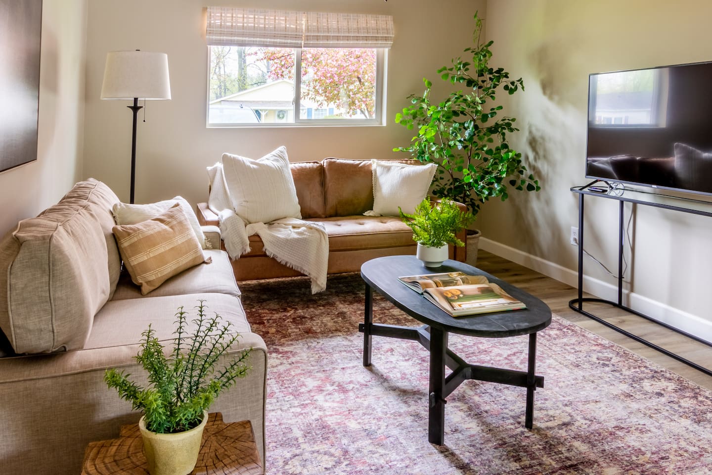 Leather and linen sofas invite you to sink in after a day of exploring.
