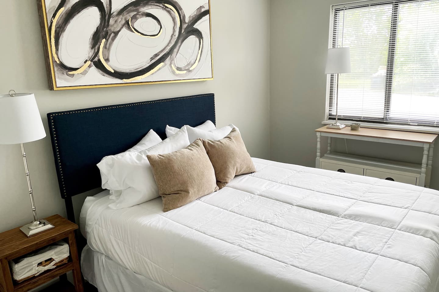 Bedroom 1, with queen size bed and memory foam mattress