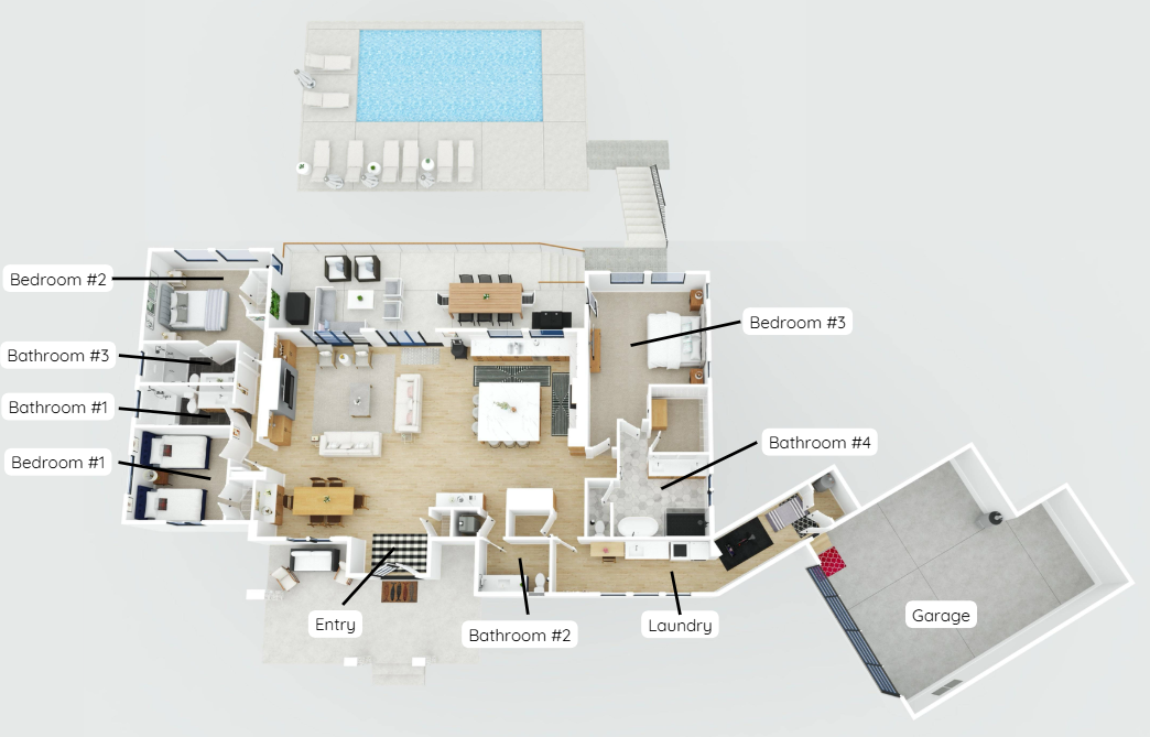 3D Floor plan of the home and lower pool level