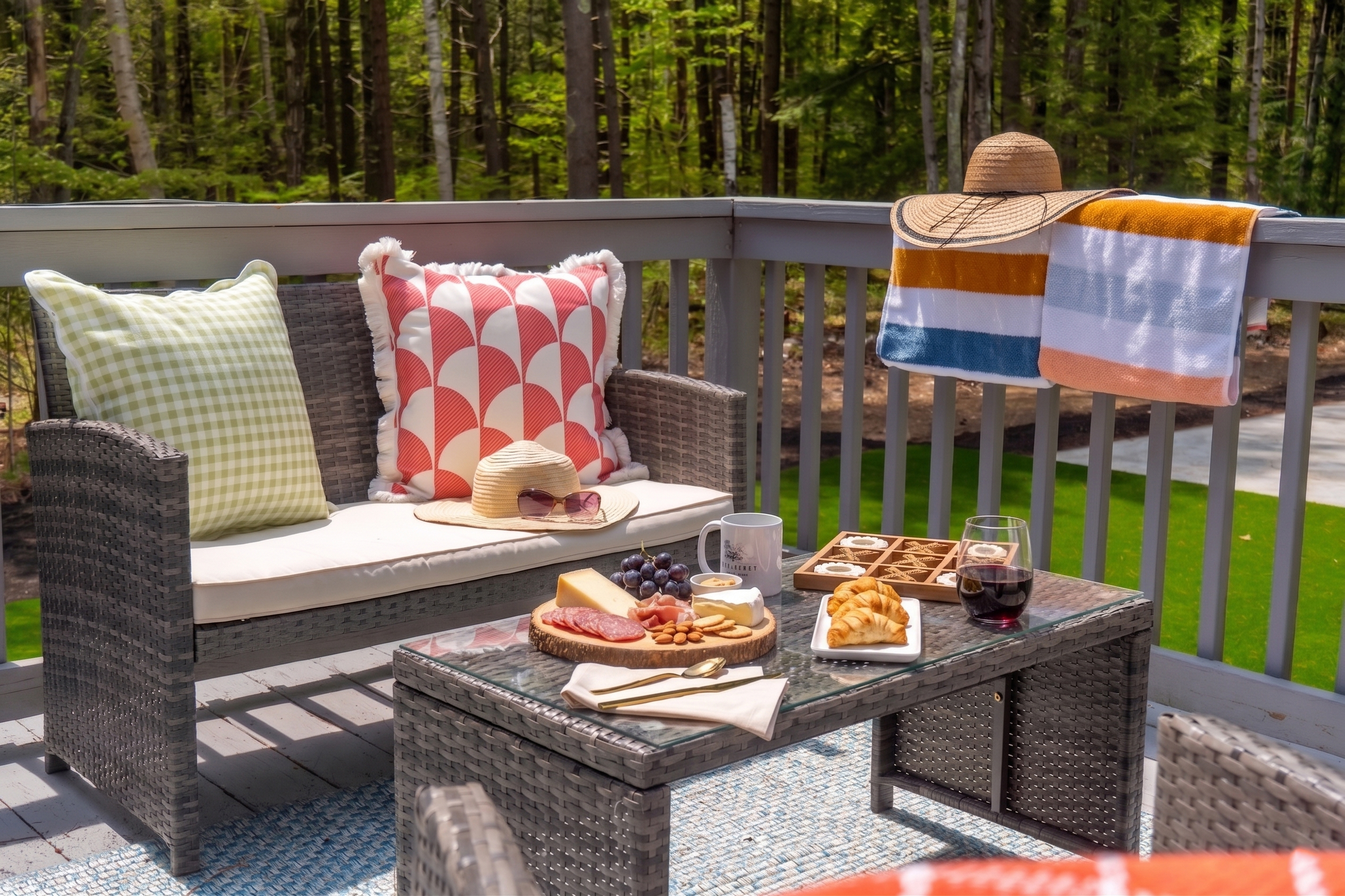 Outdoor seating perfect for sharing snacks, enjoying refreshments, and having drinks together in a relaxed setting.
